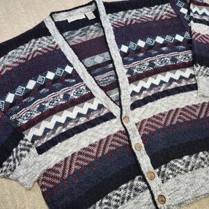 Vintage 90s Cardigan Sweater Men Large Geometric Holiday Grandpa Chunky Knit